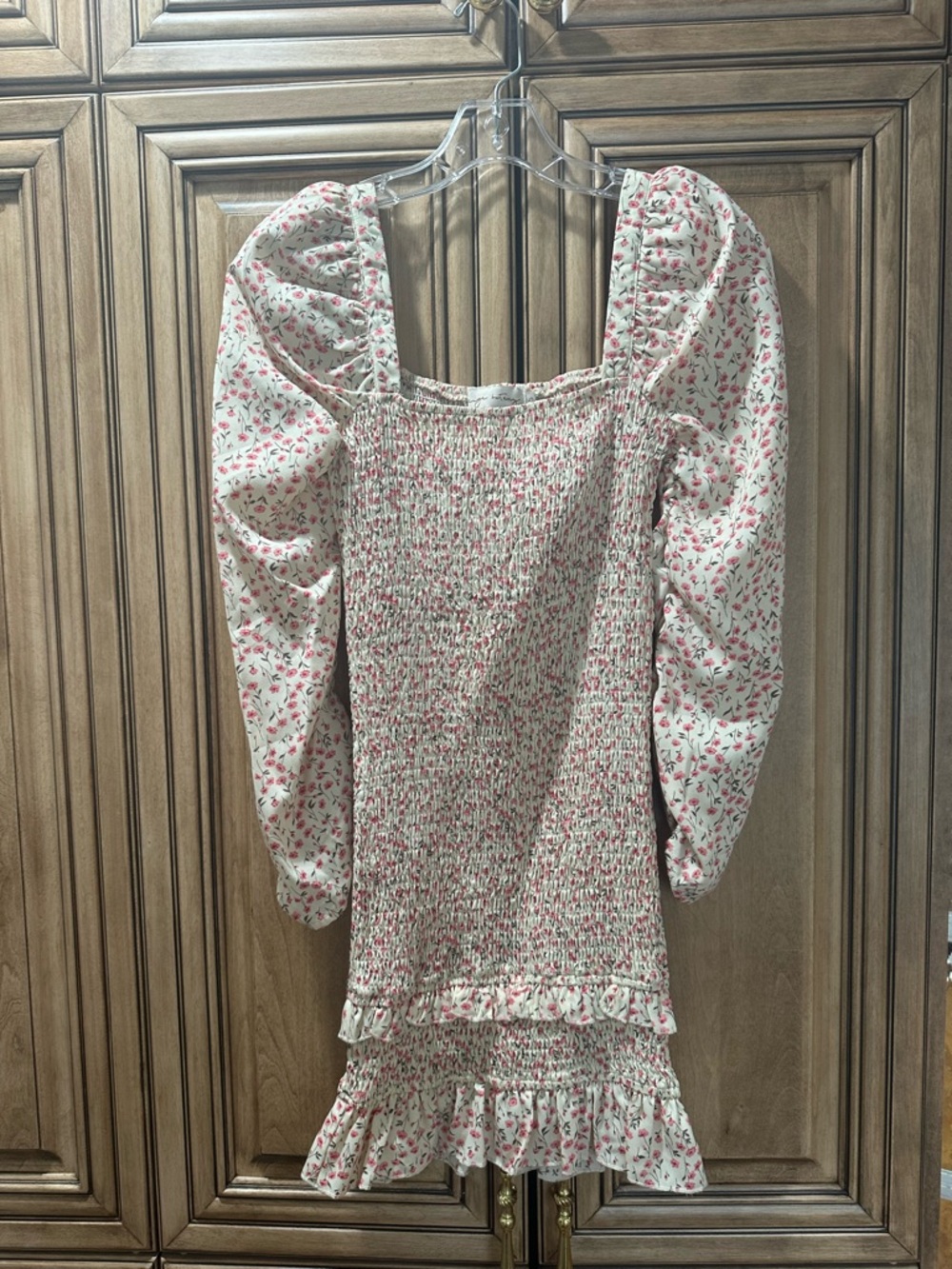 Smocked Floral Midi Dress with Puff Sleeves - Pink on Cream